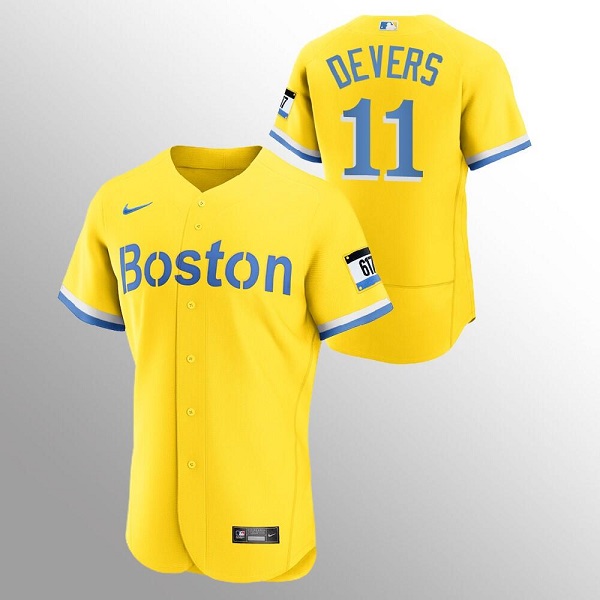 Men's Boston Red Sox #11 Rafael Devers Gold 2021 City Connect Flex base Stitched Jersey